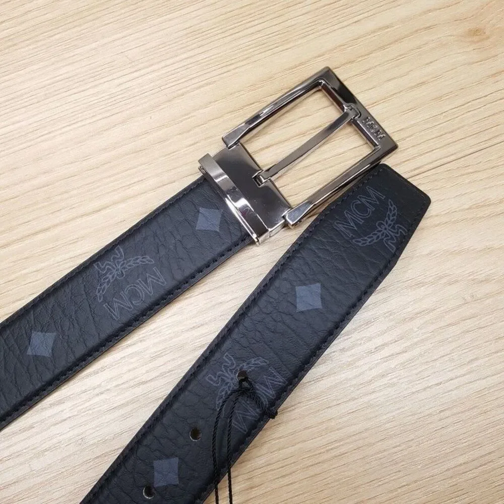 MCM Mens Belt Black Leather Adjustable All Sizes Logo Monogram AREN $350